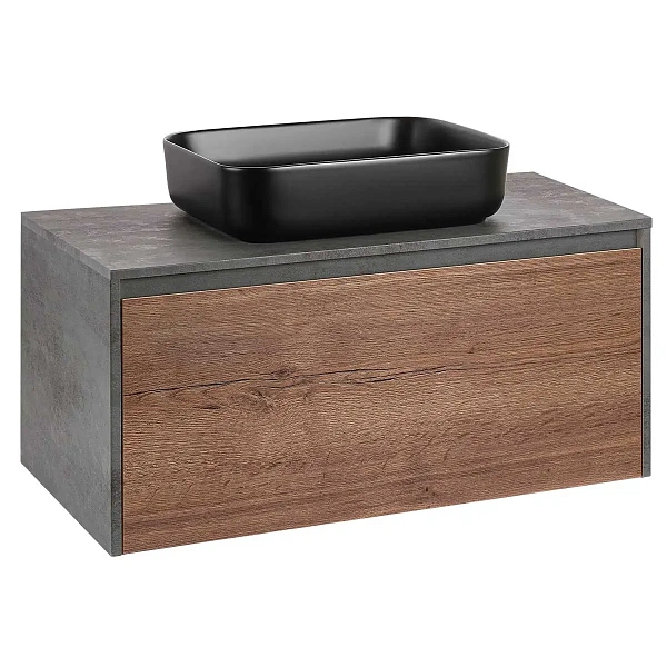 Тумба под накладную раковину Mesa 1000 подвесная, 1 выкатной/1 скрытый ящик soft close, T.Oak + Beton