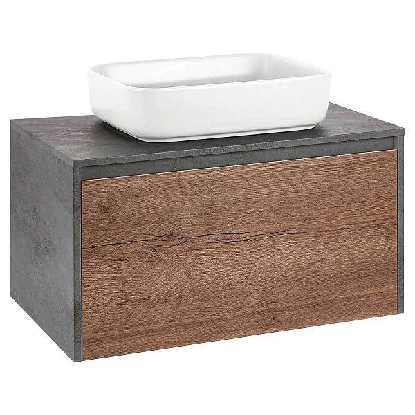 Тумба под накладную раковину Mesa 800 подвесная, 1 выкатной/1 скрытый ящик soft close, T.Oak + Beton