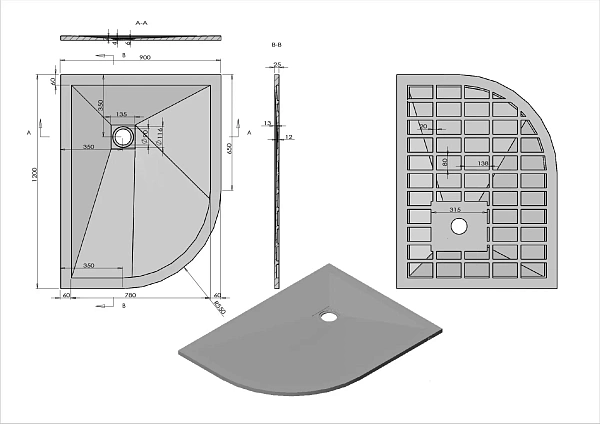 Поддон для душа из искусственного камня Vincea VST-4SQ9012W-R, 1200*900*25, белый матовый, правый