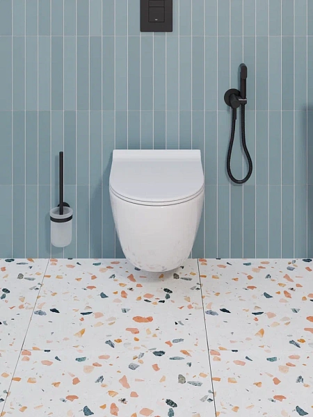 Инсталляция Grohe Rapid SL, кнопка черная матовая с безободковым, подвесным унитазом Santerika SAN.UNT.01 с технологией смыва "Торнадо" с сиденьем микролифт