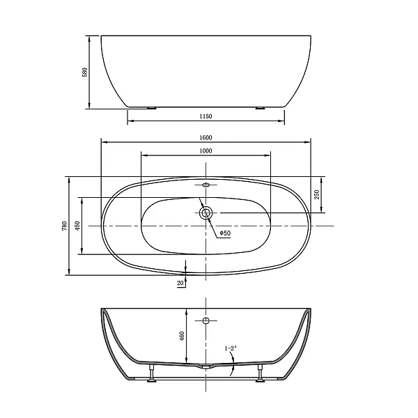 Акриловая ванна Vincea VBT-405-1600, отдельностоящая 160x78, белая