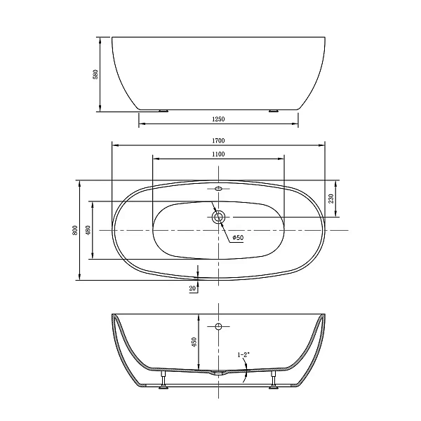 Акриловая ванна Vincea VBT-405-1860, отдельностоящая 186x88.5, белая