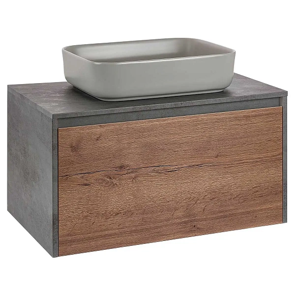 Тумба под накладную раковину Mesa 800 подвесная, 1 выкатной/1 скрытый ящик soft close, T.Oak + Beton
