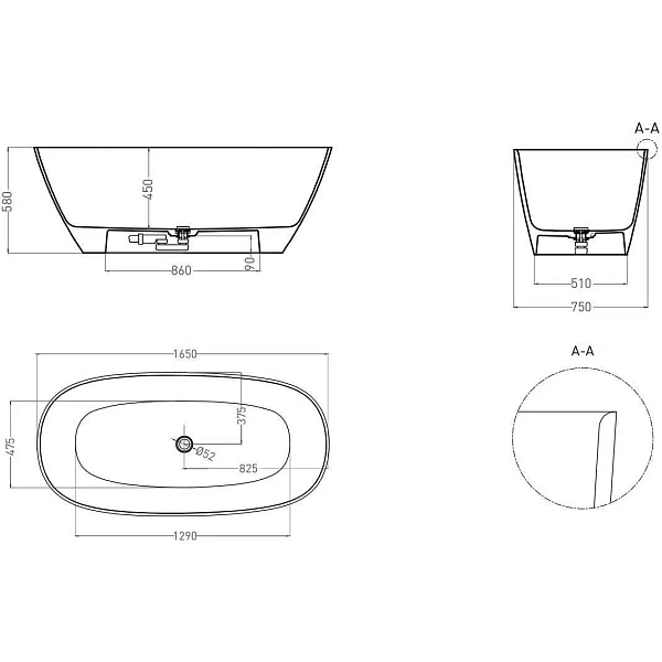 Ванна из искусственного камня Salini Sofia Light S-Sense 165х75, белая глянцевая, 103611G