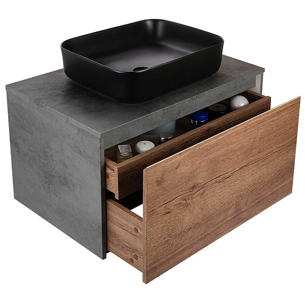 Тумба под накладную раковину Mesa 800 подвесная, 1 выкатной/1 скрытый ящик soft close, T.Oak + Beton