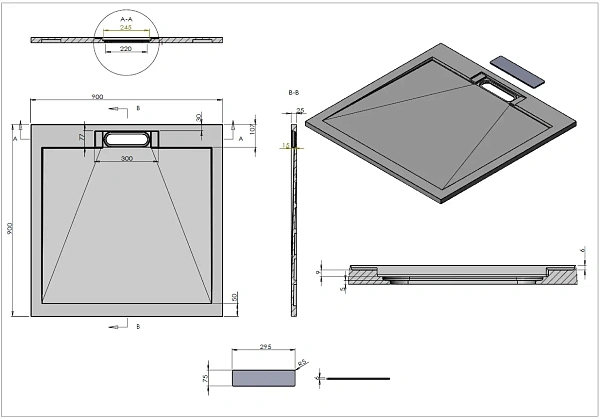 Поддон для душа из искусственного камня Vincea VST-4SRL9090A, 900*900*25, антрацит