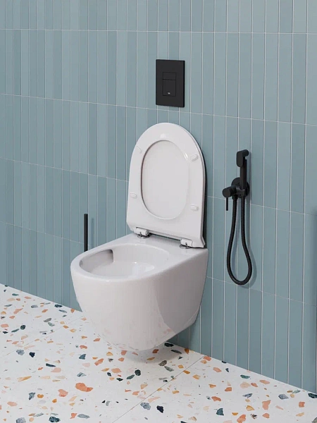 Инсталляция Grohe Rapid SL, кнопка черная матовая с безободковым, подвесным унитазом Santerika SAN.UNT.01 с технологией смыва "Торнадо" с сиденьем микролифт