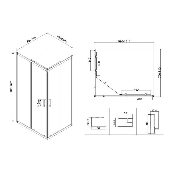 Душевой уголок Vincea City VSS-5CT8010CL, 1000*800, хром, стекло прозрачное