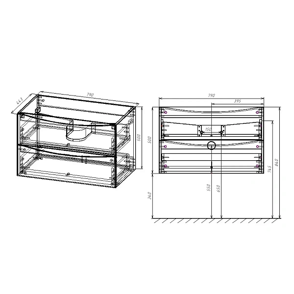 Тумба под раковину Vincea Mia 800 подвесная, 2 выкатных ящик soft close, V.Oak