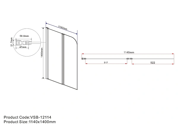 Душевая шторка на ванну Vincea VSB-12114CL, 1140*1400, хром, стекло прозрачное