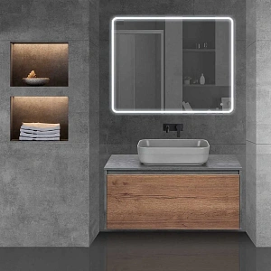 Тумба под накладную раковину Mesa 1000 подвесная, 1 выкатной/1 скрытый ящик soft close, T.Oak + Beton