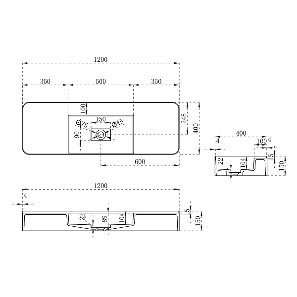 Раковина из искусственного камня Vincea VWB-6S312MW, 1200*400*150, подвесная, цвет белый матовый