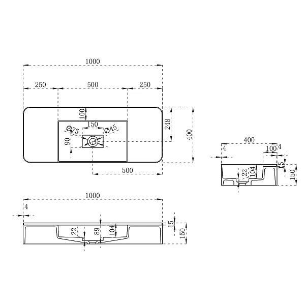 Раковина из искусственного камня Vincea VWB-6S380MW, 1000*400*150, подвесная, цвет белый матовый