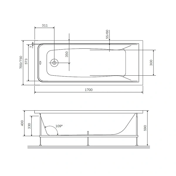 Акриловая ванна 170х70 AM.PM Gem W90A-170-070W-A