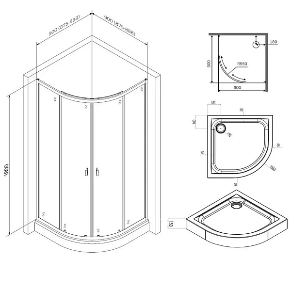 W88E-205-090BT64 X-Joy Twin Slide,  Душевое ограждение c поддоном, 90x90, профиль черный
