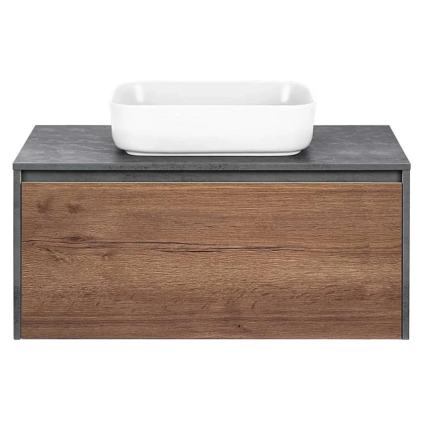 Тумба под накладную раковину Mesa 1000 подвесная, 1 выкатной/1 скрытый ящик soft close, T.Oak + Beton