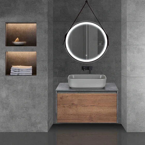 Тумба под накладную раковину Mesa 800 подвесная, 1 выкатной/1 скрытый ящик soft close, T.Oak + Beton