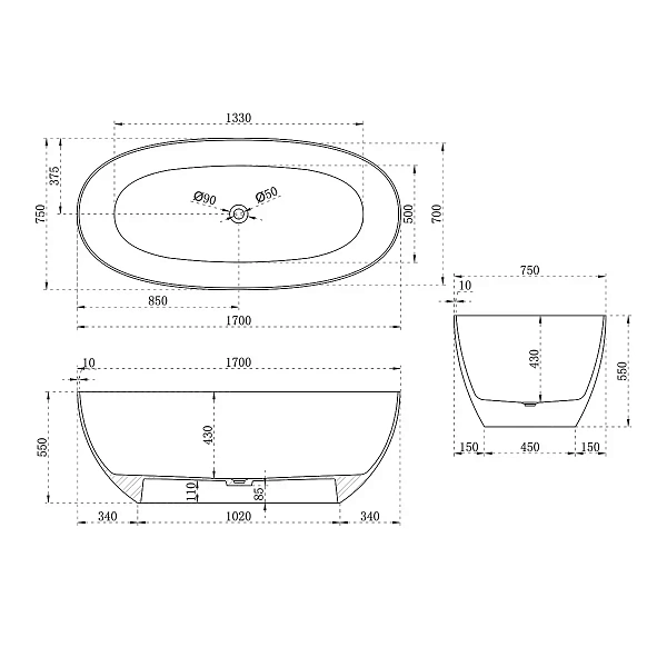 Ванна из полиэфирной смолы Vincea VBT-6T01B 170х75, черная