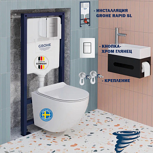 Инсталляция Grohe Rapid SL, кнопка хром глянец с безободковым, подвесным унитазом Santerika SAN.UNT.01 с технологией смыва "Торнадо" с сиденьем микролифт