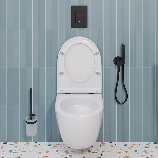 Инсталляция Grohe Rapid SL, кнопка вороненная сталь с подвесным унитазом Santerika SAN.UNT.04, смыв "Торнадо", сиденье микролифт