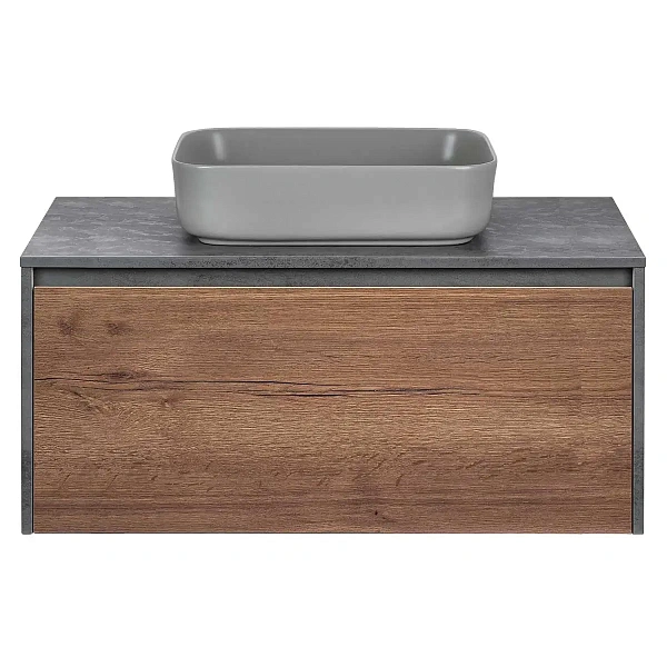 Тумба под накладную раковину Mesa 1000 подвесная, 1 выкатной/1 скрытый ящик soft close, T.Oak + Beton