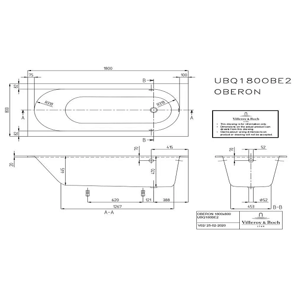 Квариловая ванна Villeroy&amp;Boch Oberon UBQ180OBE2V-01 180x80
