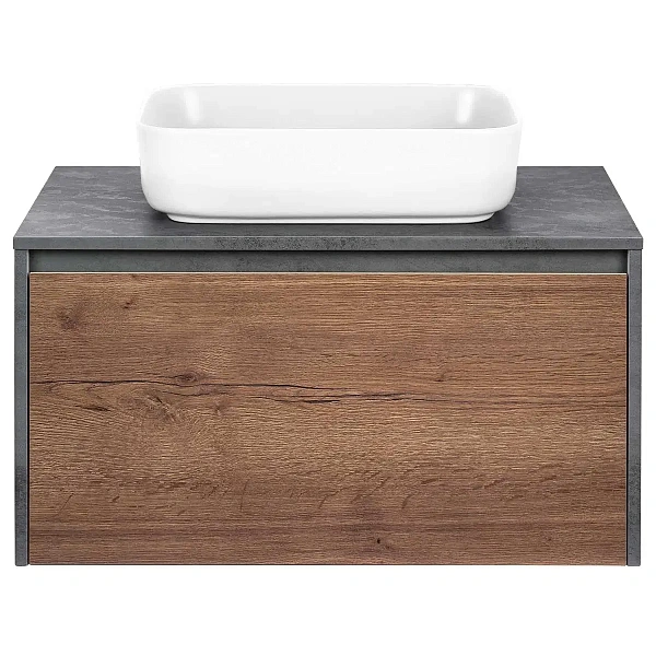 Тумба под накладную раковину Mesa 800 подвесная, 1 выкатной/1 скрытый ящик soft close, T.Oak + Beton