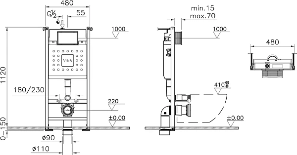 Инсталляция с унитазом VITRA Mia Round 9856B003-7200, кнопка матовый хром