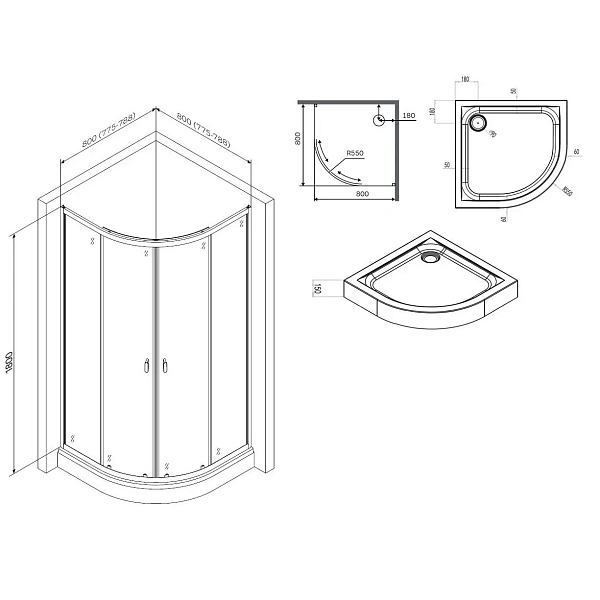 W88E-205-080MT X-Joy Twin Slide,  Душевое ограждение c поддоном, 80x80