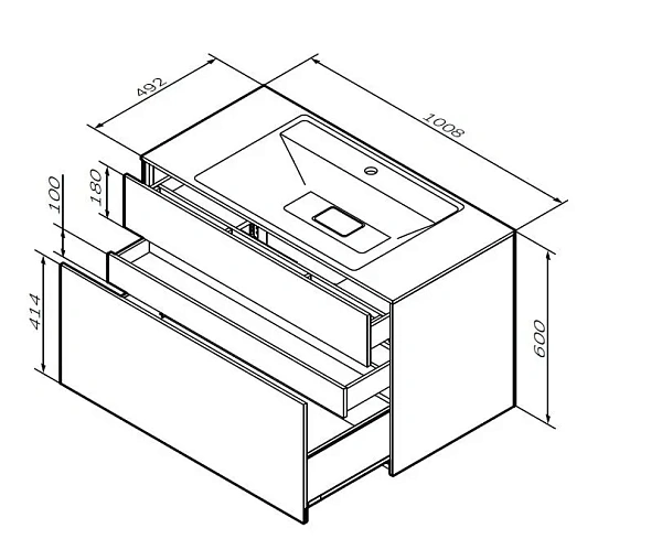 M50AFHX1003EGM Inspire V2.0, База под раковину, подвесная, 100 см, 3 ящика, push-to-open, элегантный