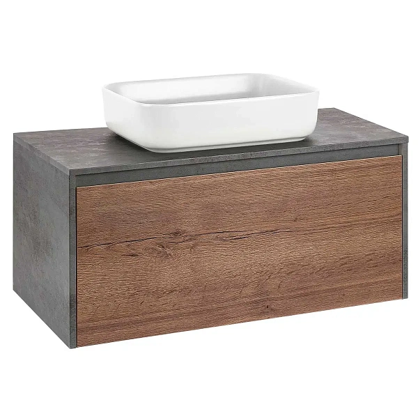 Тумба под накладную раковину Mesa 1000 подвесная, 1 выкатной/1 скрытый ящик soft close, T.Oak + Beton
