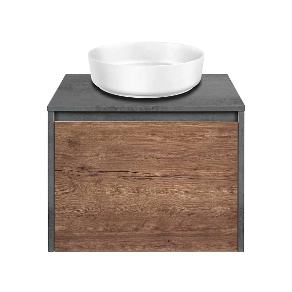 Тумба под накладную раковину Mesa 600 подвесная, 1 выкатной/1 скрытый ящик soft close, T.Oak + Beton
