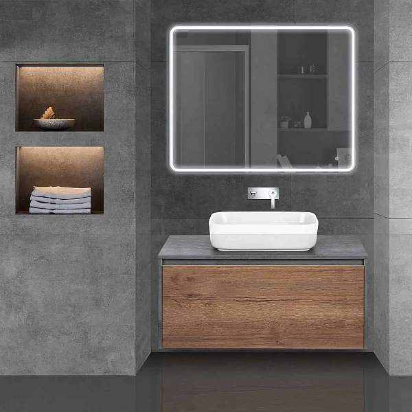 Тумба под накладную раковину Mesa 1000 подвесная, 1 выкатной/1 скрытый ящик soft close, T.Oak + Beton